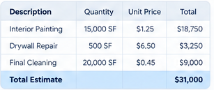 Detailed estimate with quantities, unit prices and total